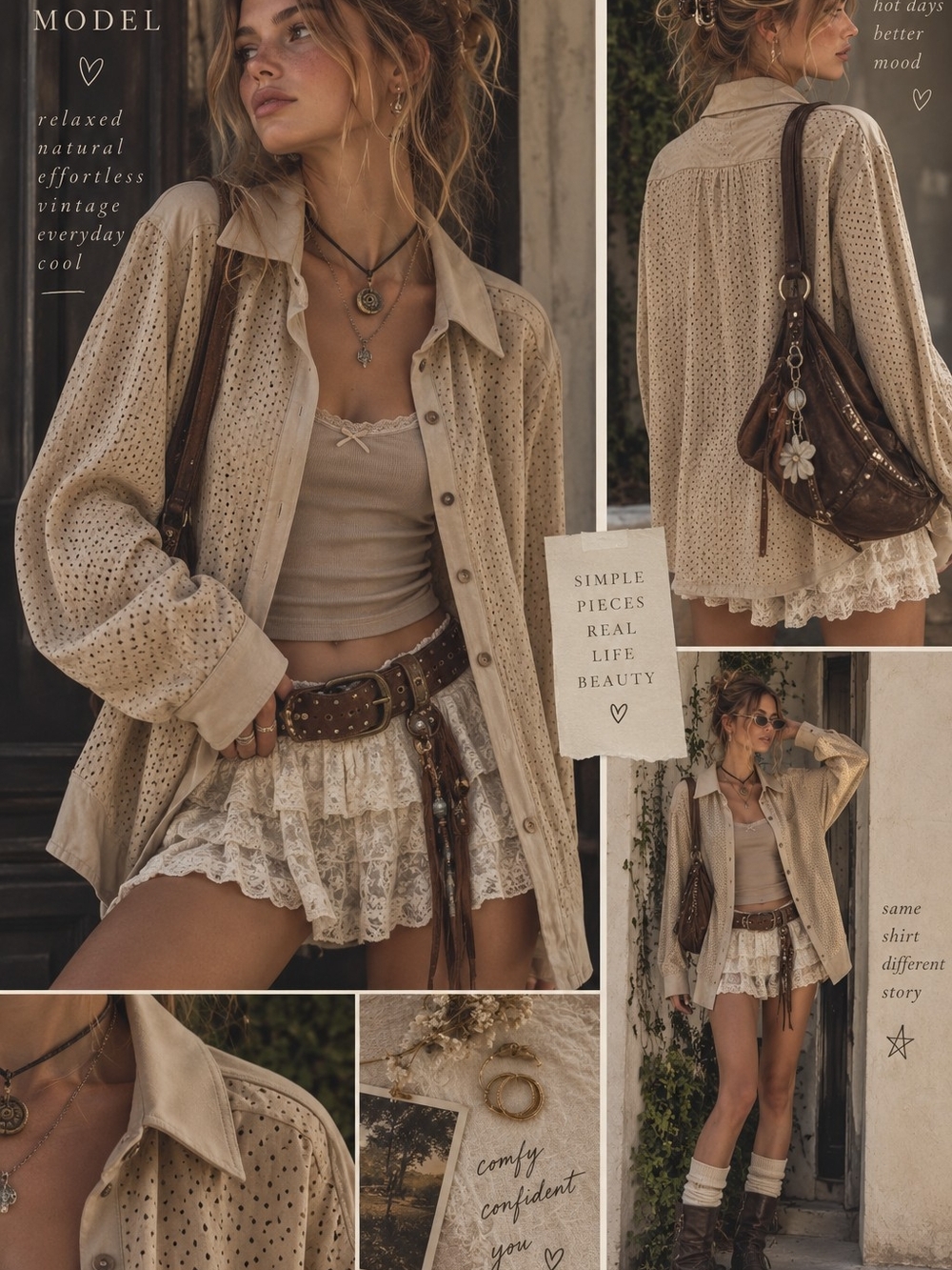 Women's Beige Eyelet Button-Down Shirt - Casual Layering Top